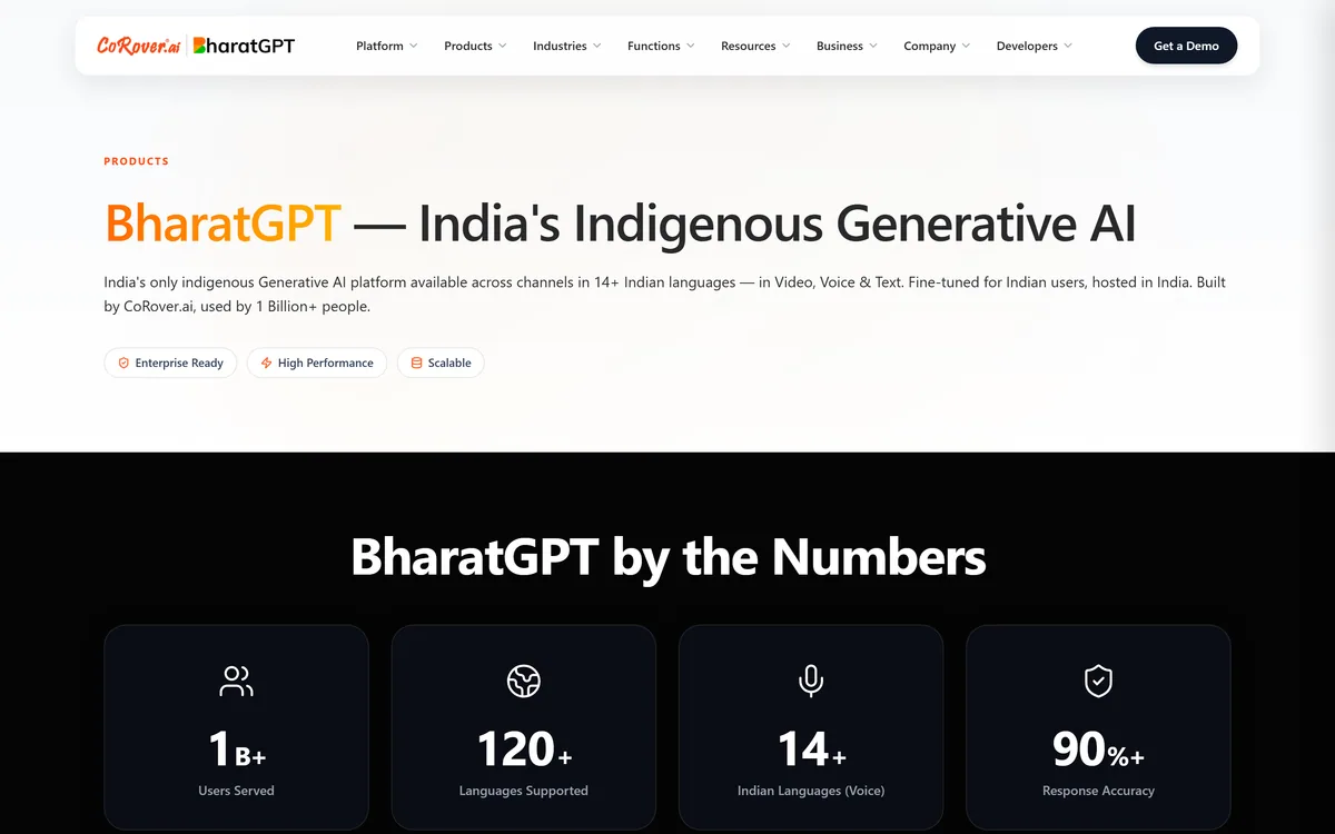 BharatGPT page on the CoRover site presenting India's indigenous generative AI platform