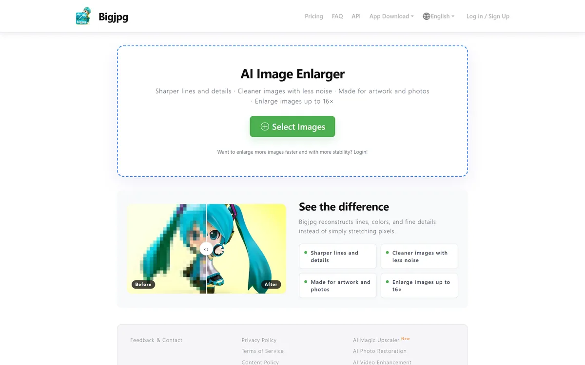 The Bigjpg homepage describing an AI image enlarging and upscaling tool