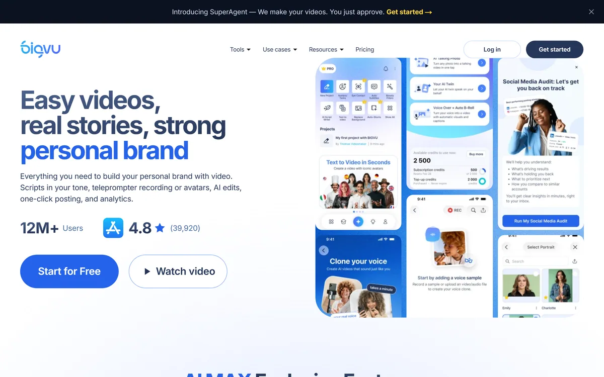 The BIGVU homepage describing AI video for realtors, coaches and marketers