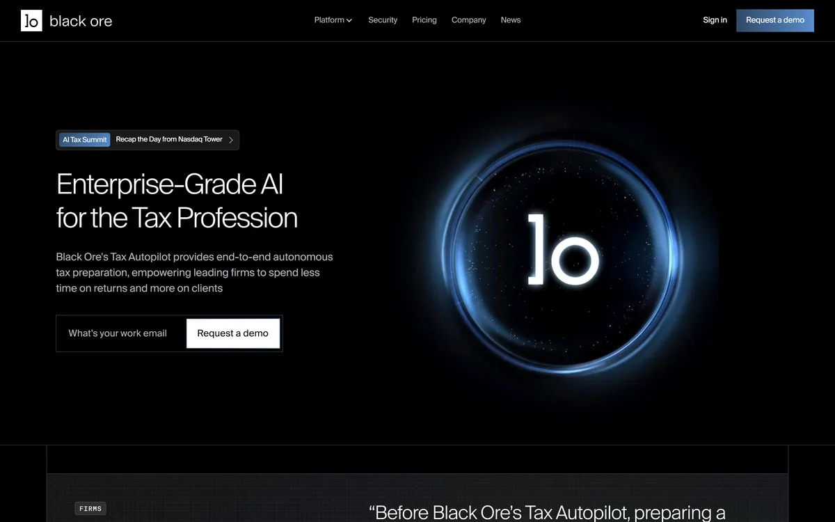 Black Ore homepage presenting Tax Autopilot, an autonomous tax preparation platform for accounting firms