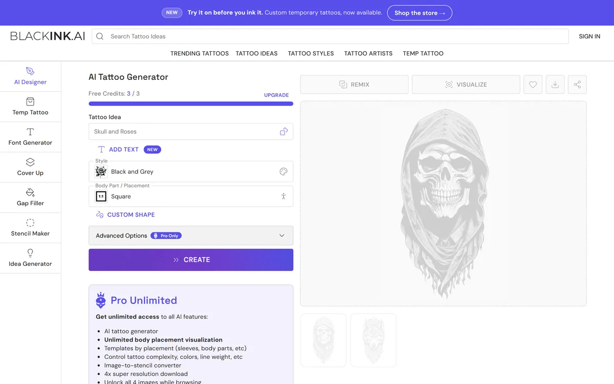 The BlackInk AI homepage describing an AI tattoo generator