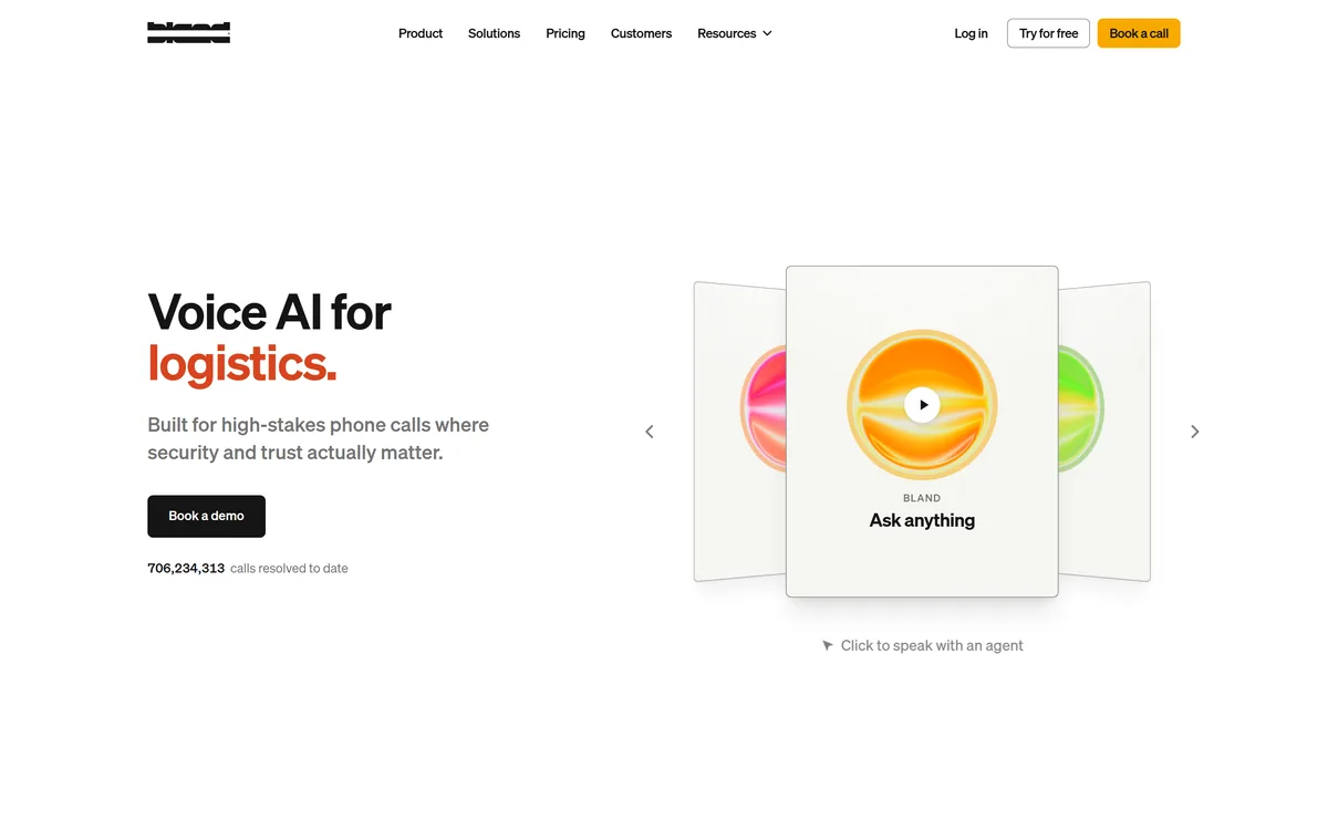 The Bland homepage presenting an enterprise voice AI platform for phone agents