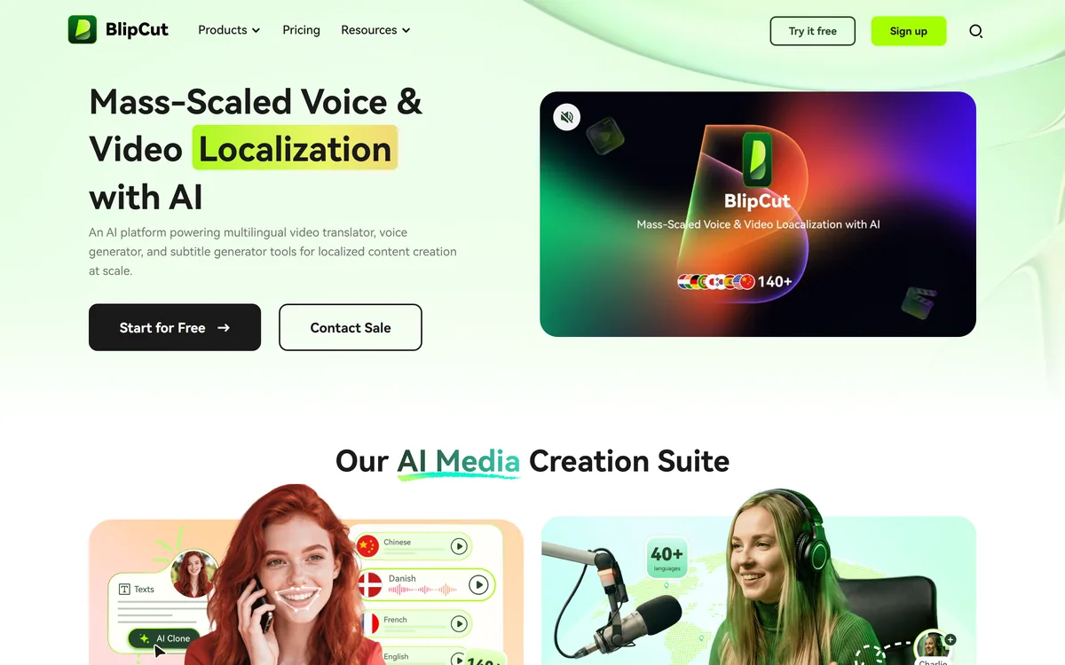 BlipCut's homepage describing AI video translation and dubbing with lip sync