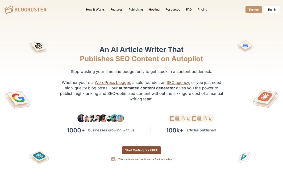 BlogBuster's homepage describing an AI article writer that publishes SEO content on autopilot