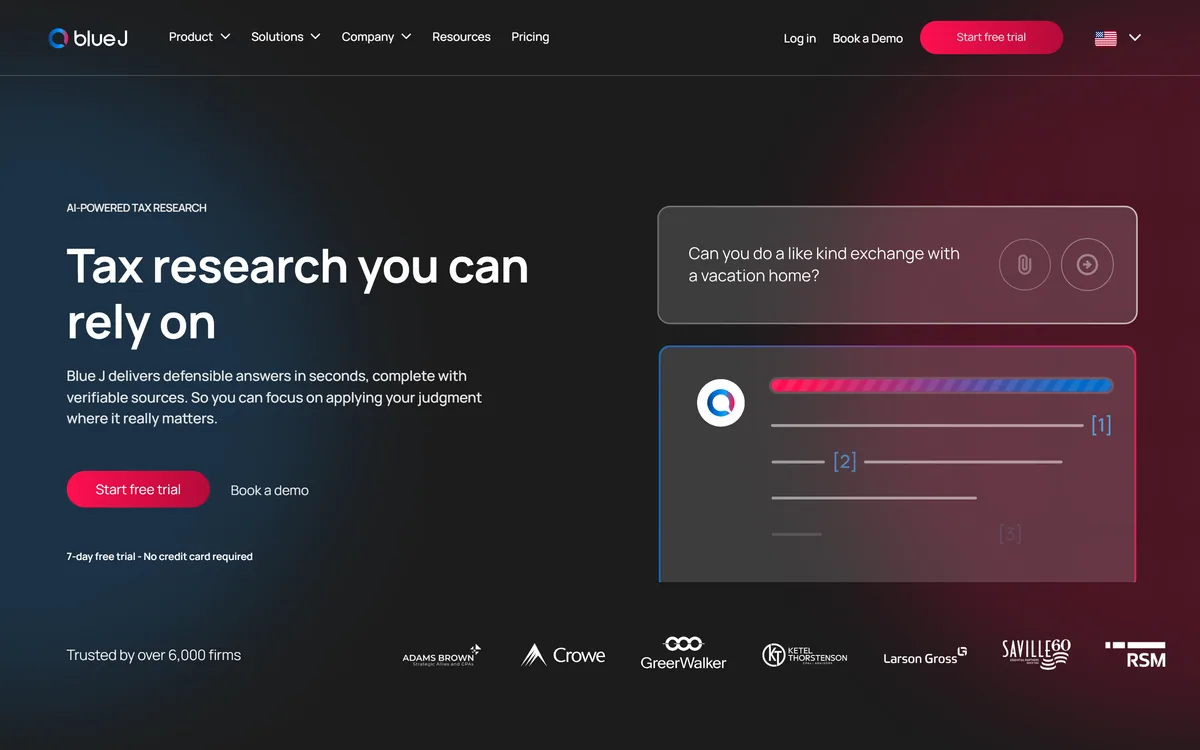 Blue J homepage showing AI tax research with verifiable sources for tax professionals