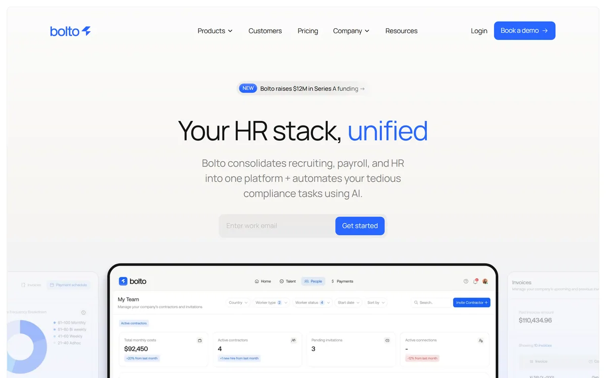 Bolto homepage showing the unified recruiting, payroll and HR platform