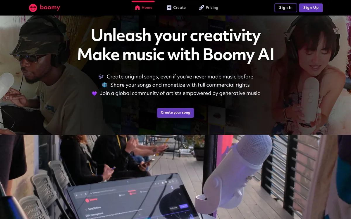 Boomy homepage showing the generative music platform