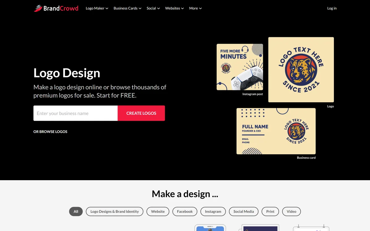 The BrandCrowd homepage showing a logo and brand design maker