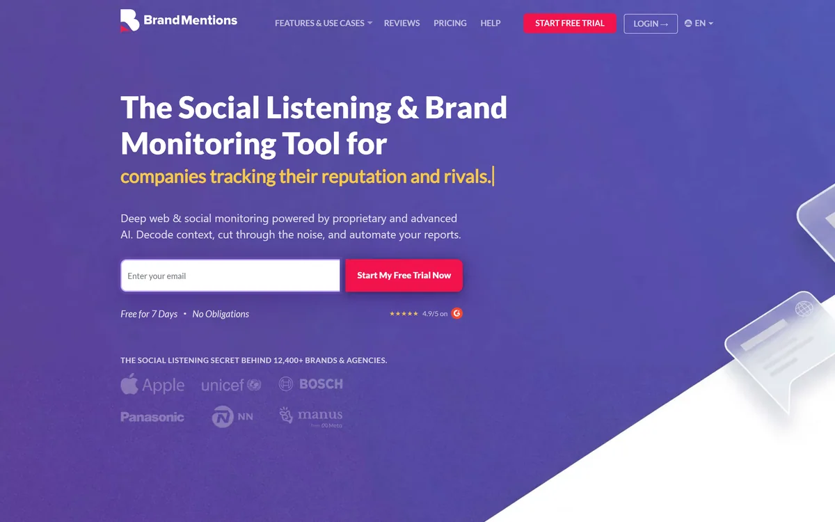 The BrandMentions homepage describing an AI social listening and brand monitoring tool