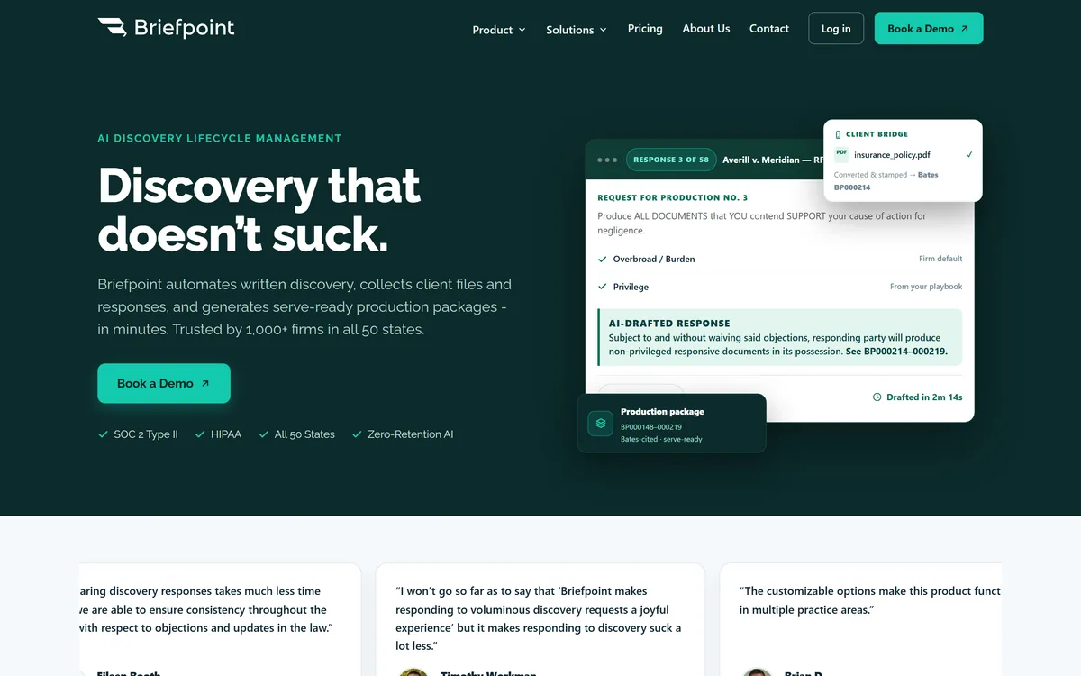 The Briefpoint homepage describing AI drafting of discovery documents