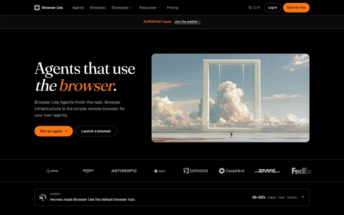 The Browser Use homepage describing browser agents and browser infrastructure