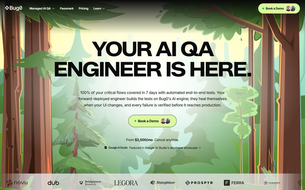 Bug0 homepage showing the managed AI QA engineering service