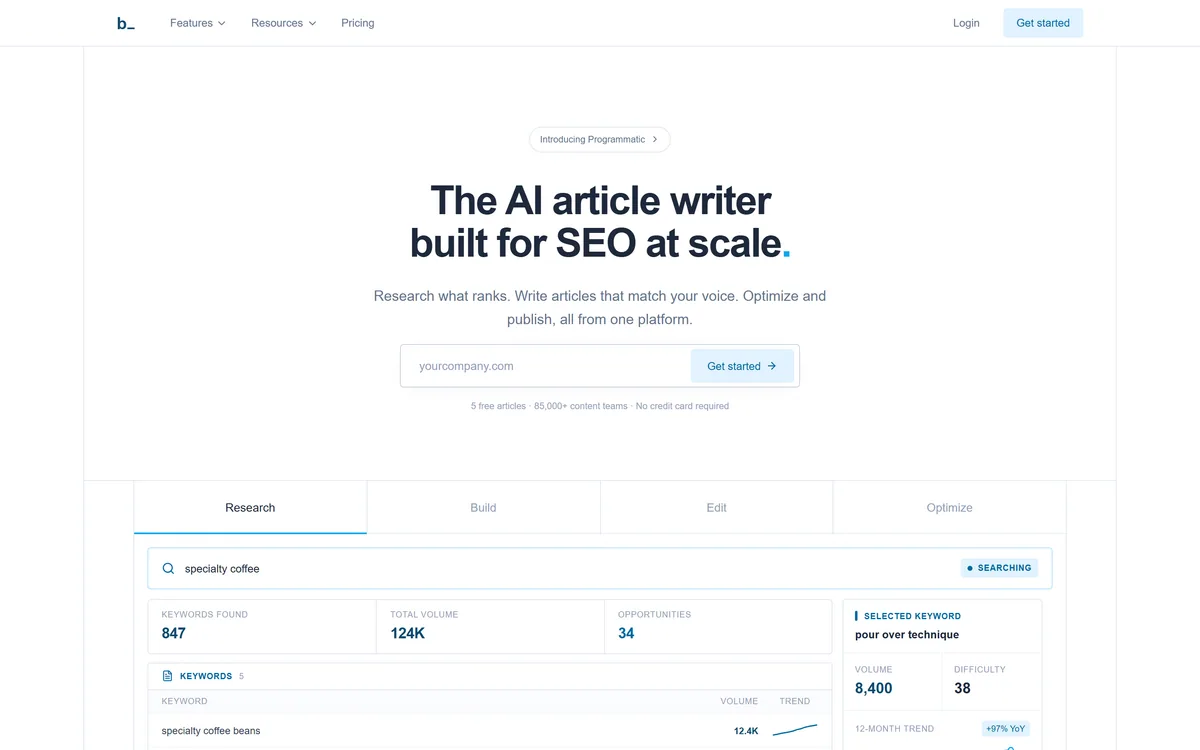 Byword's homepage describing an AI article writer built for SEO at scale, showing its keyword research view