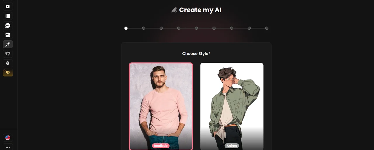 Candy AI create-a-character wizard, choosing a Realistic or Anime style
