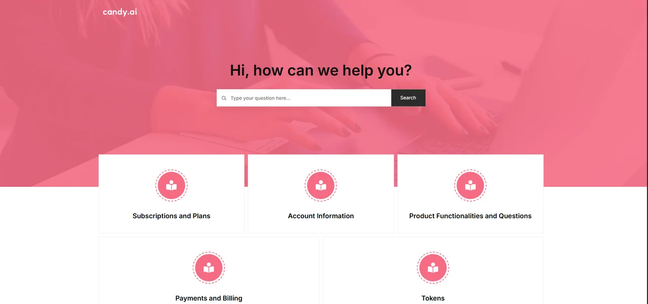 Candy AI help centre home with subscriptions, billing, tokens and account sections