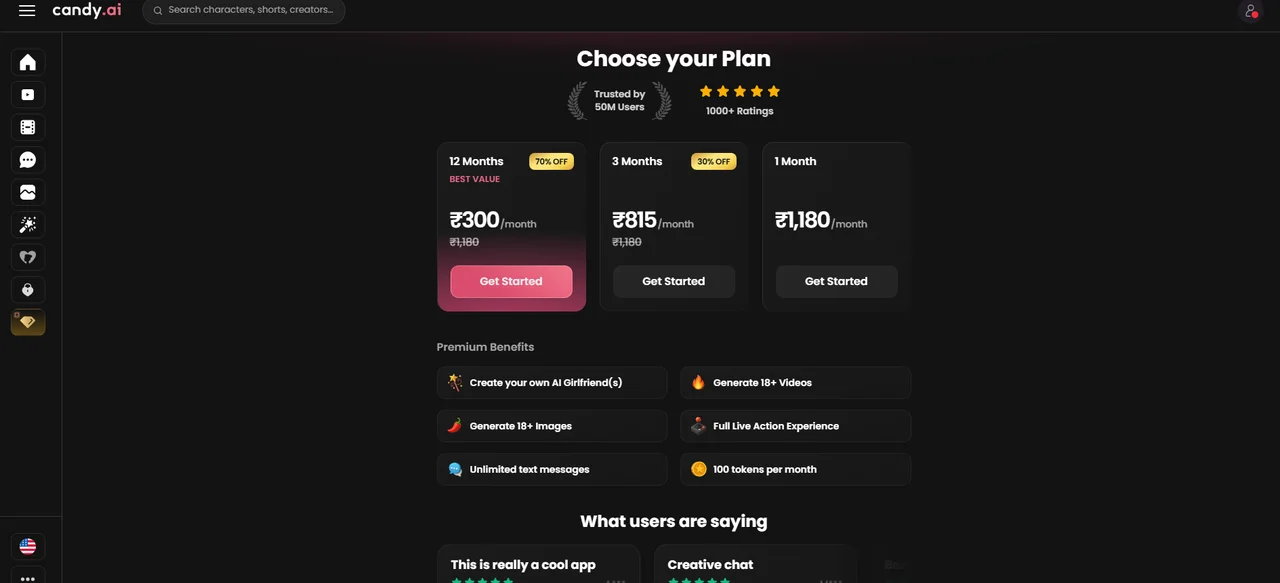 Candy AI Choose your Plan page showing 1-, 3- and 12-month subscription options