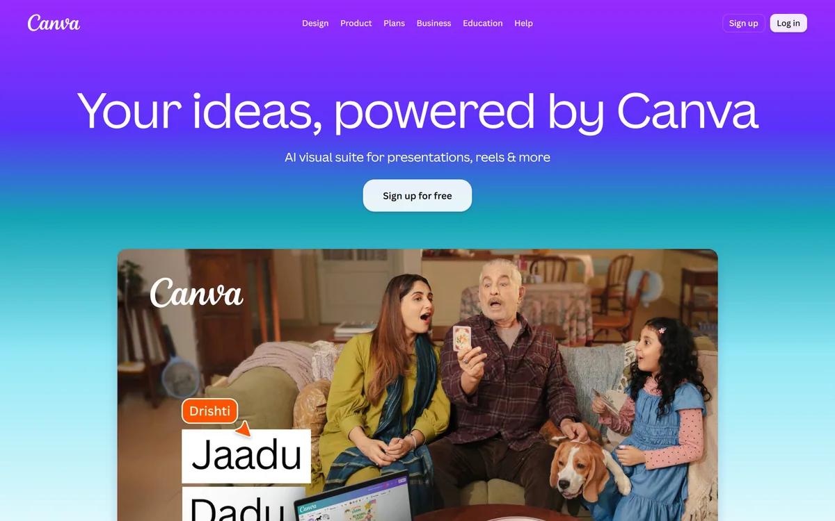 Canva homepage showing its design editor entry points and template categories