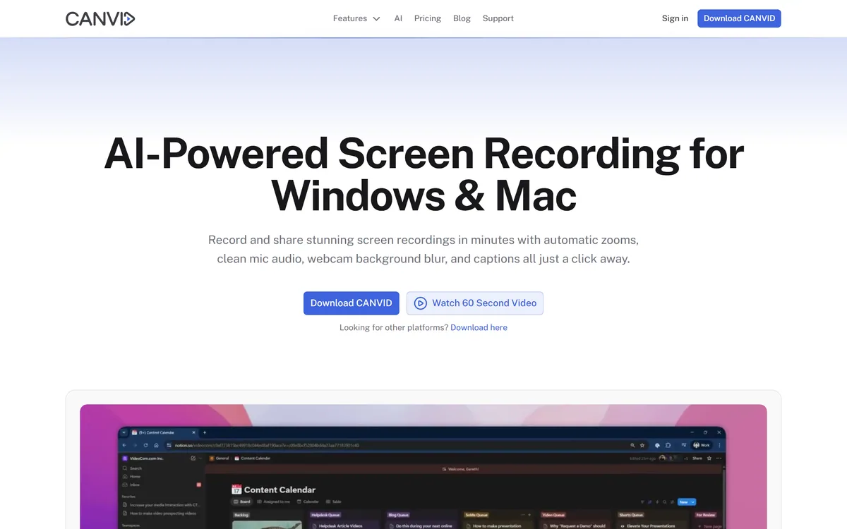 The CANVID homepage describing AI-powered screen recording for Windows and Mac