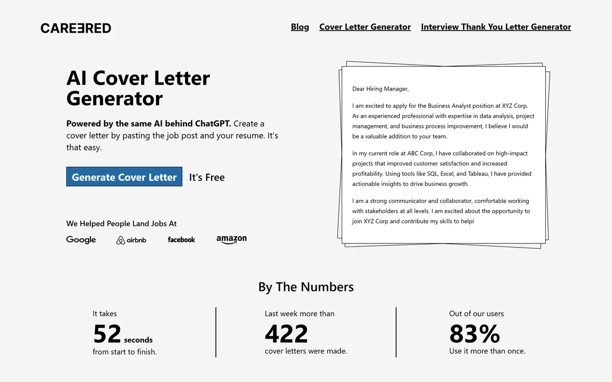 CareerEd's homepage showing a free AI cover letter generator that takes a job posting and a resume