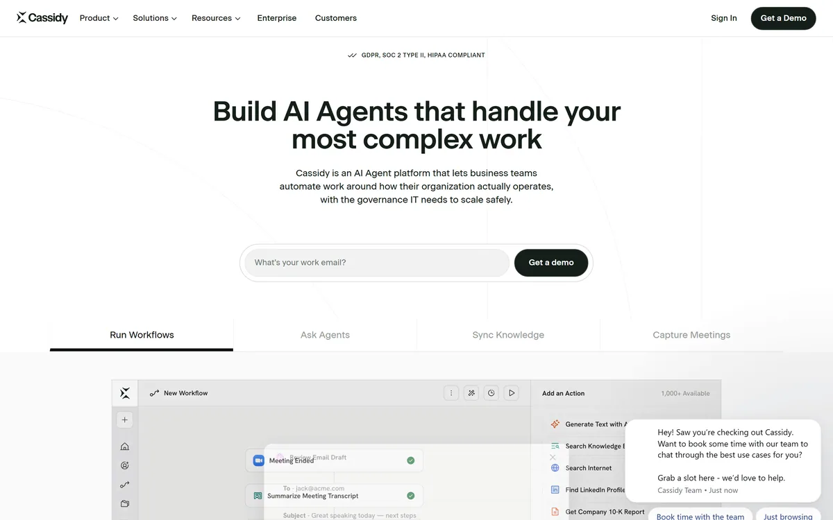 The Cassidy AI homepage describing building AI agents for complex work