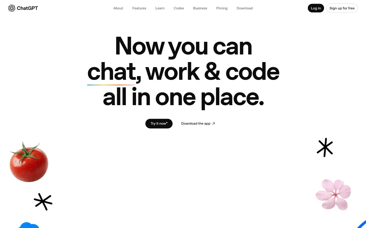 ChatGPT's overview page with the headline "Now you can chat, work & code all in one place" and navigation including Codex, Business, Pricing and Download