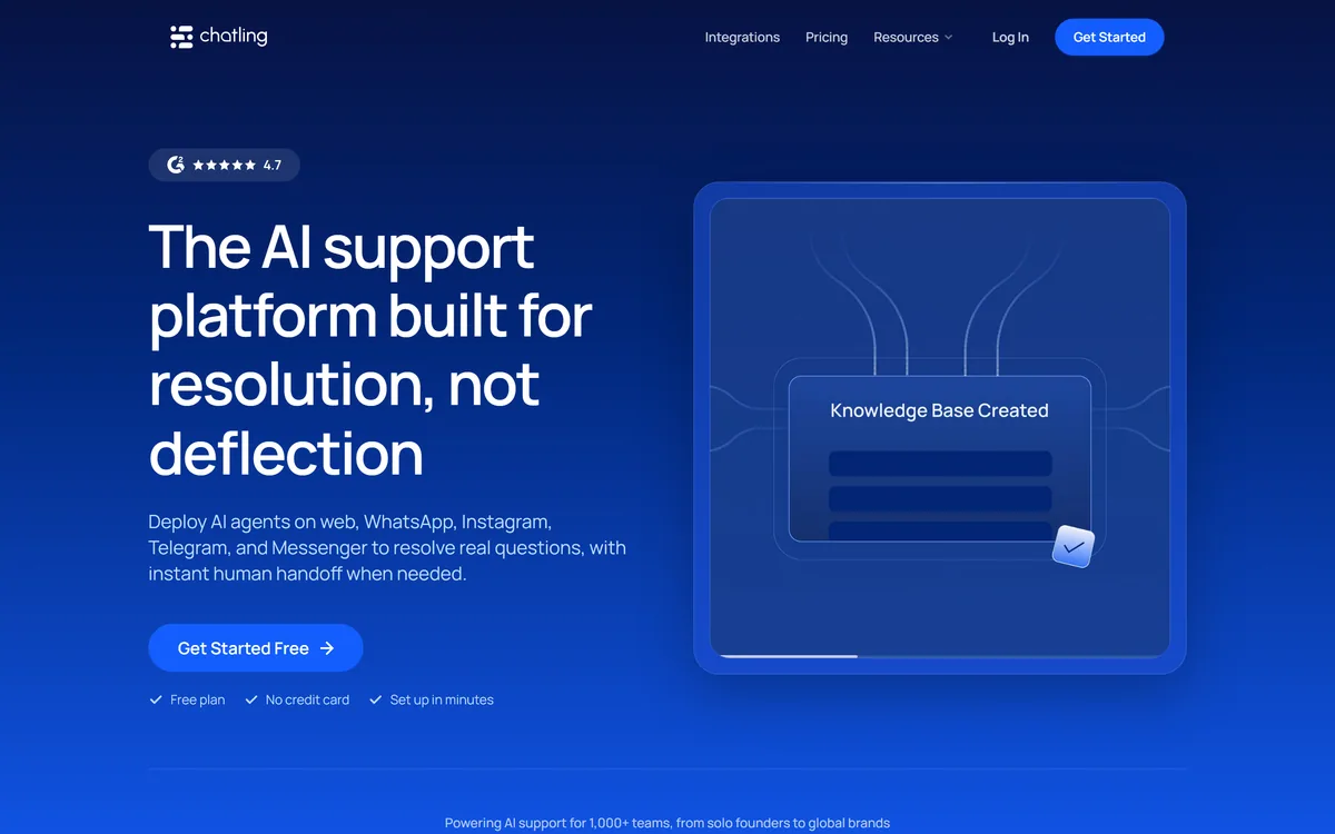 Chatling homepage showing the AI customer support platform