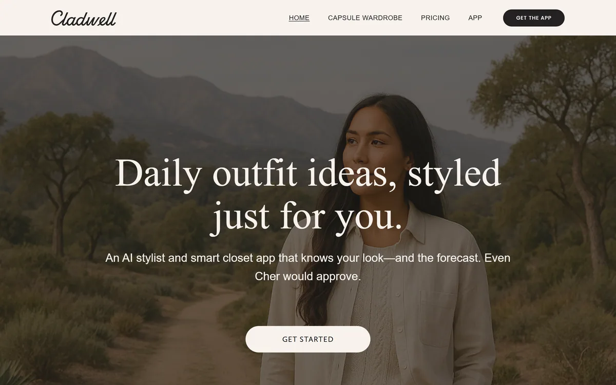 Cladwell's homepage showing an AI stylist and smart closet app offering daily outfit ideas