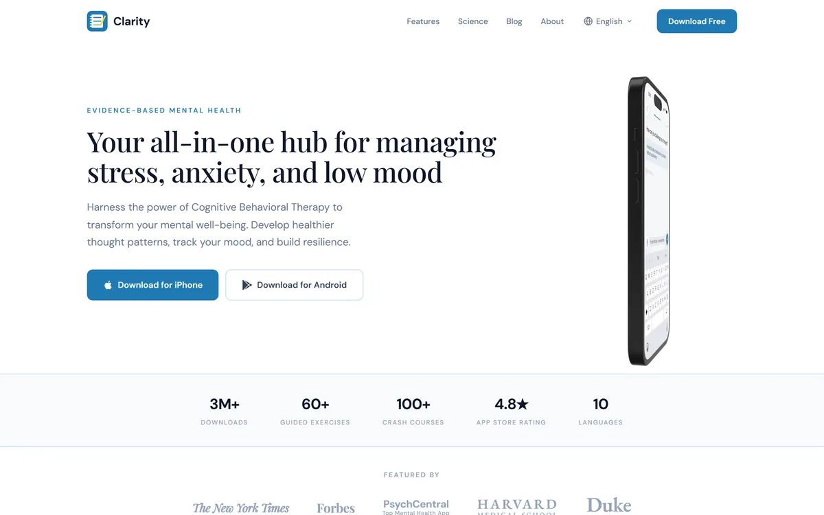 Clarity homepage showing the CBT-based mental health app