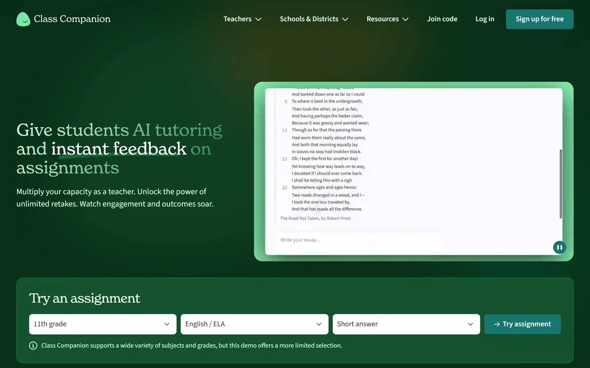 The Class Companion homepage showing AI tutoring and instant feedback on student assignments