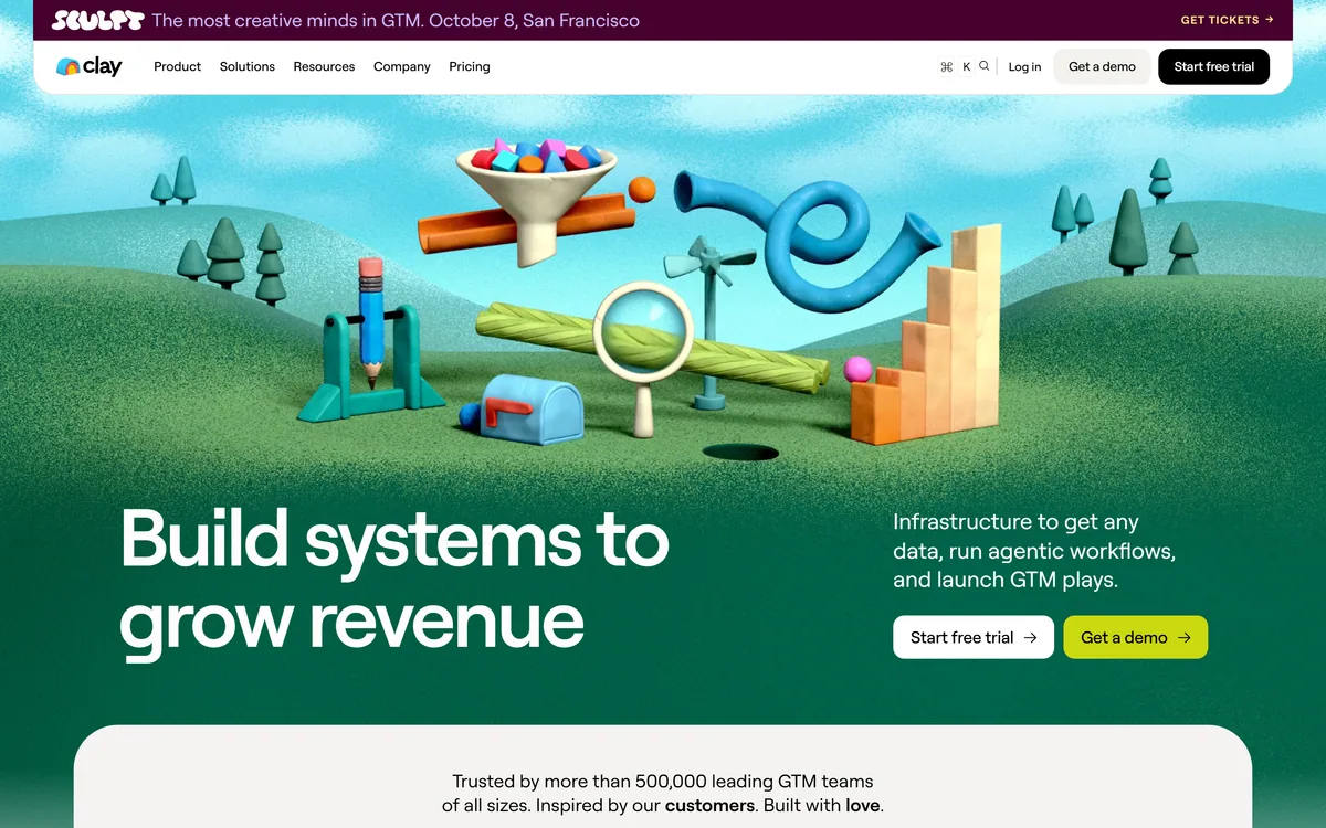 Clay homepage showing go-to-market data infrastructure with waterfall enrichment and AI agents