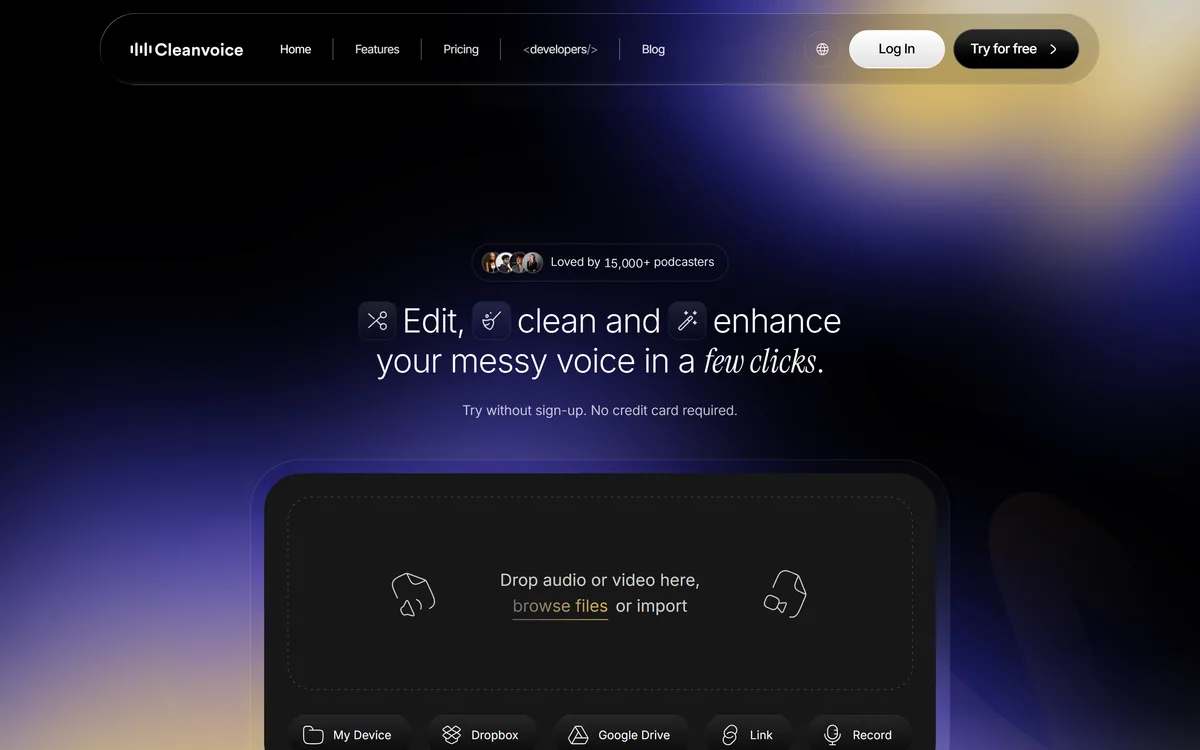 Cleanvoice AI's homepage describing automated cleaning and enhancement of podcast audio