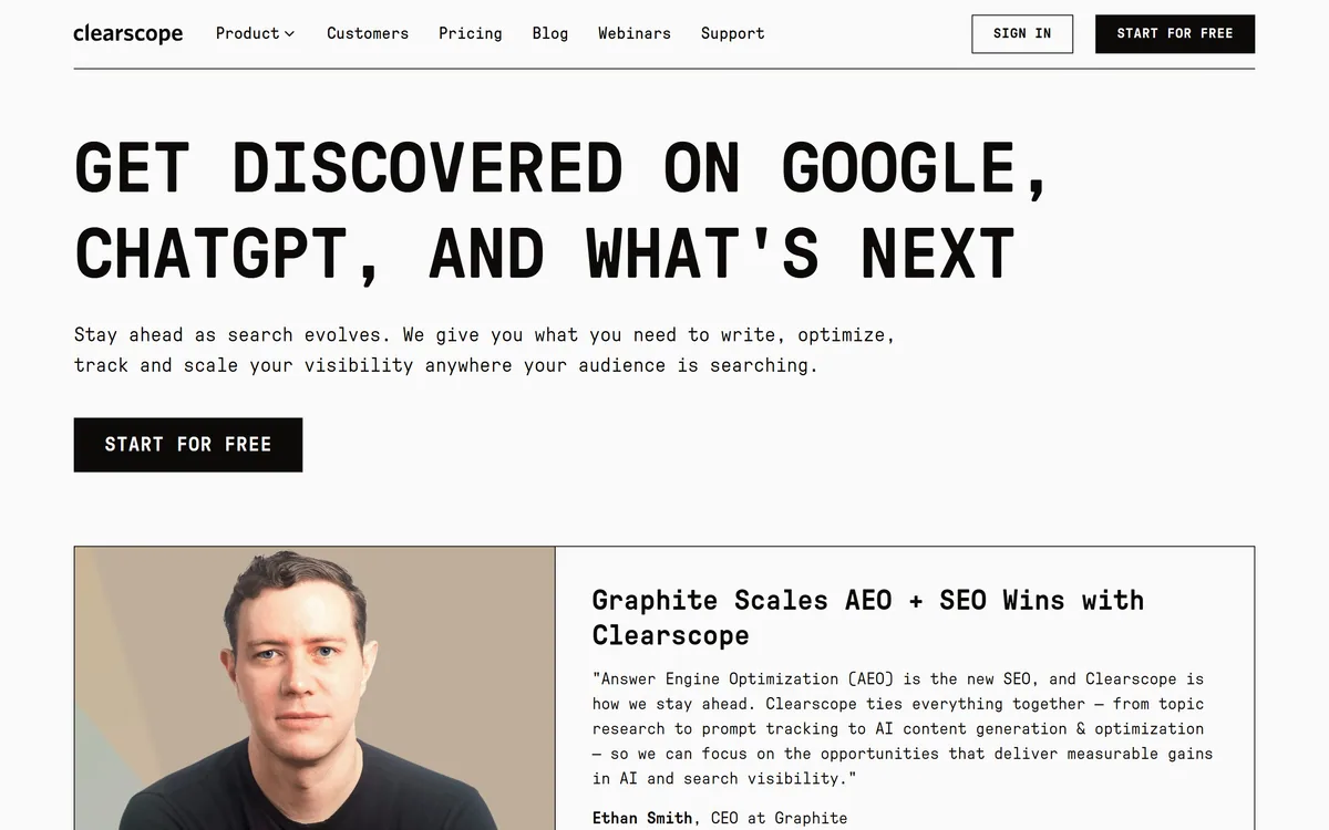 Clearscope's homepage with the line "Get Discovered on Google, ChatGPT, and What's Next"