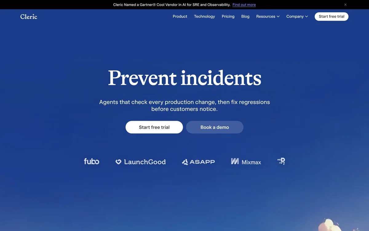 The Cleric homepage describing AI agents that prevent production incidents