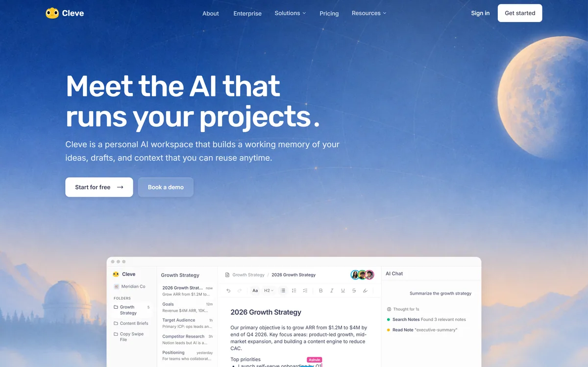 Cleve homepage presenting an AI workspace for writing and thinking with reusable context