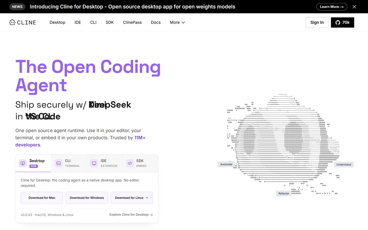 The Cline homepage describing an open coding agent for editor, terminal and desktop