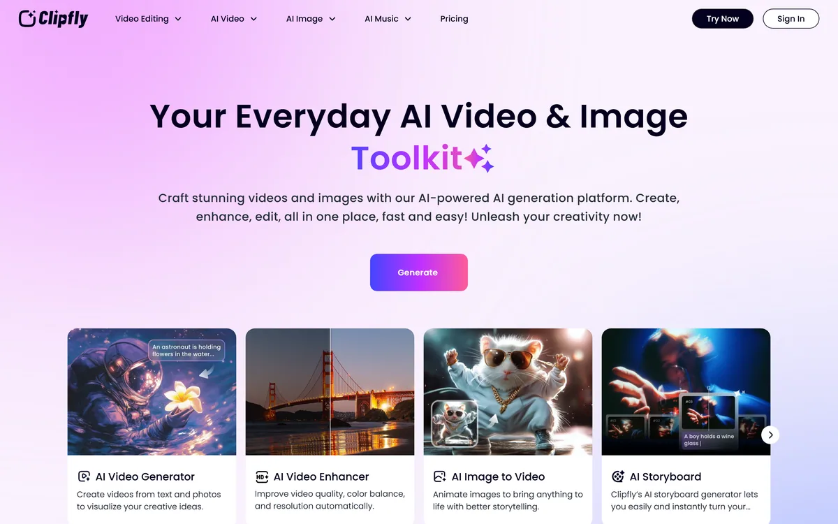 Clipfly homepage showing the AI video toolkit