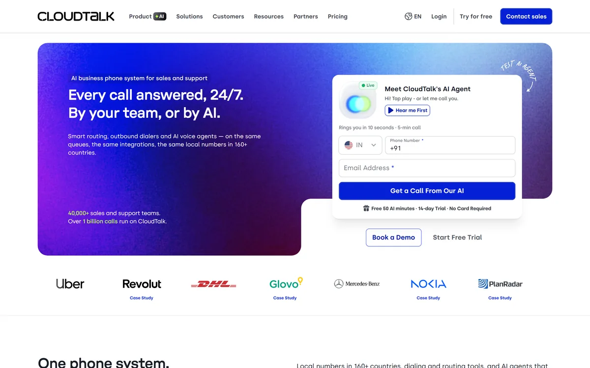 CloudTalk homepage showing the AI business phone system for sales and support