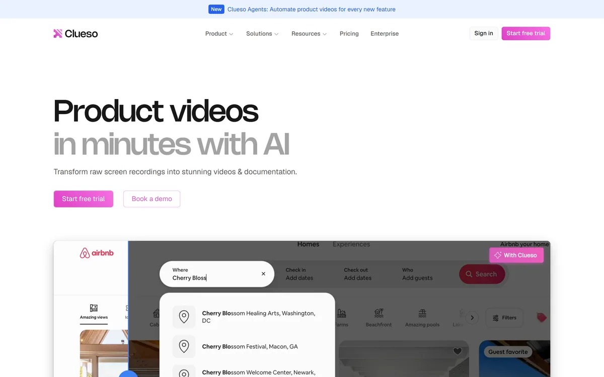 Clueso homepage showing screen recordings turned into product videos and documentation