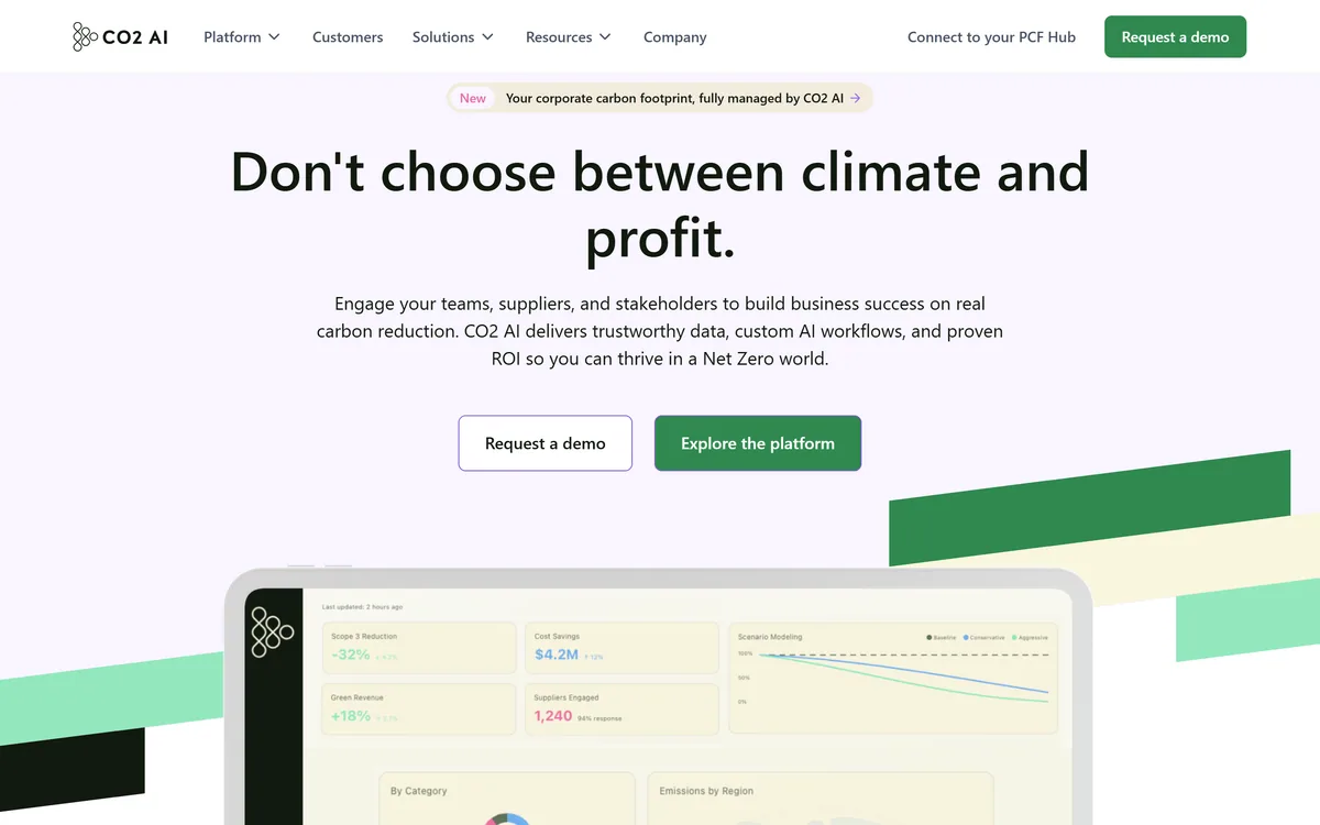 The CO2 AI homepage presenting an AI-powered sustainability action platform