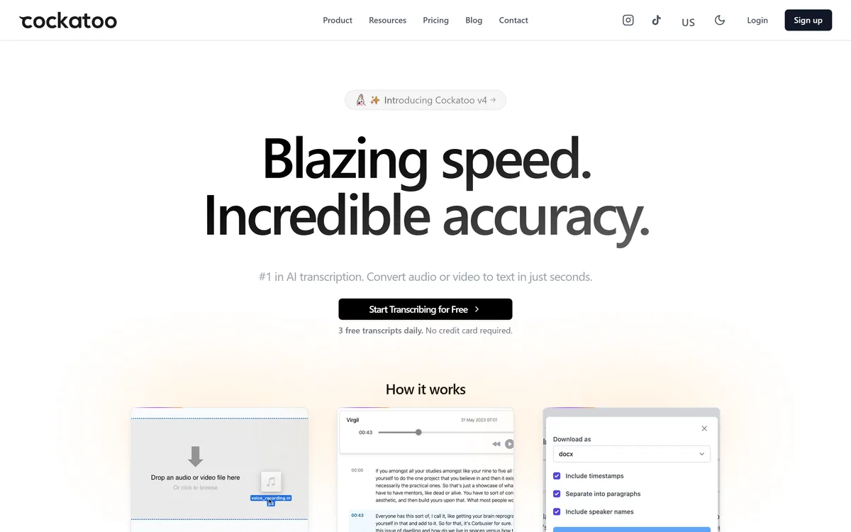 Cockatoo's homepage advertising AI transcription of audio and video files to text in seconds