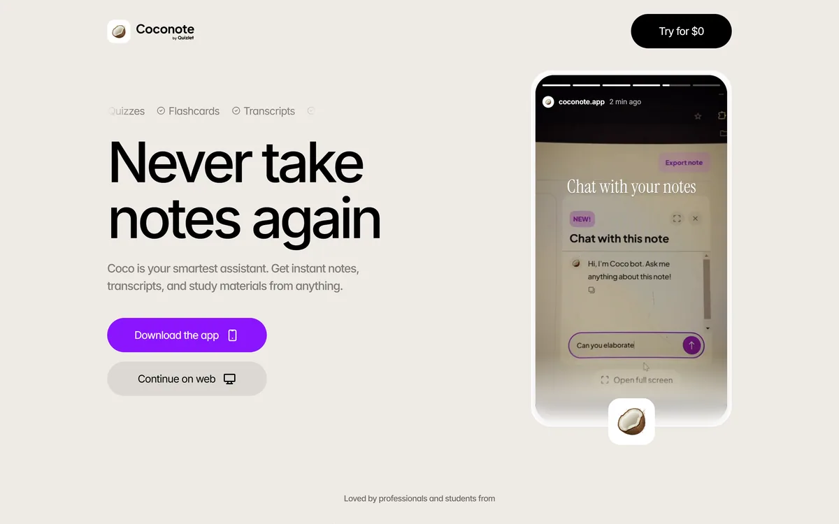Coconote homepage showing the AI notetaker for lectures and study materials