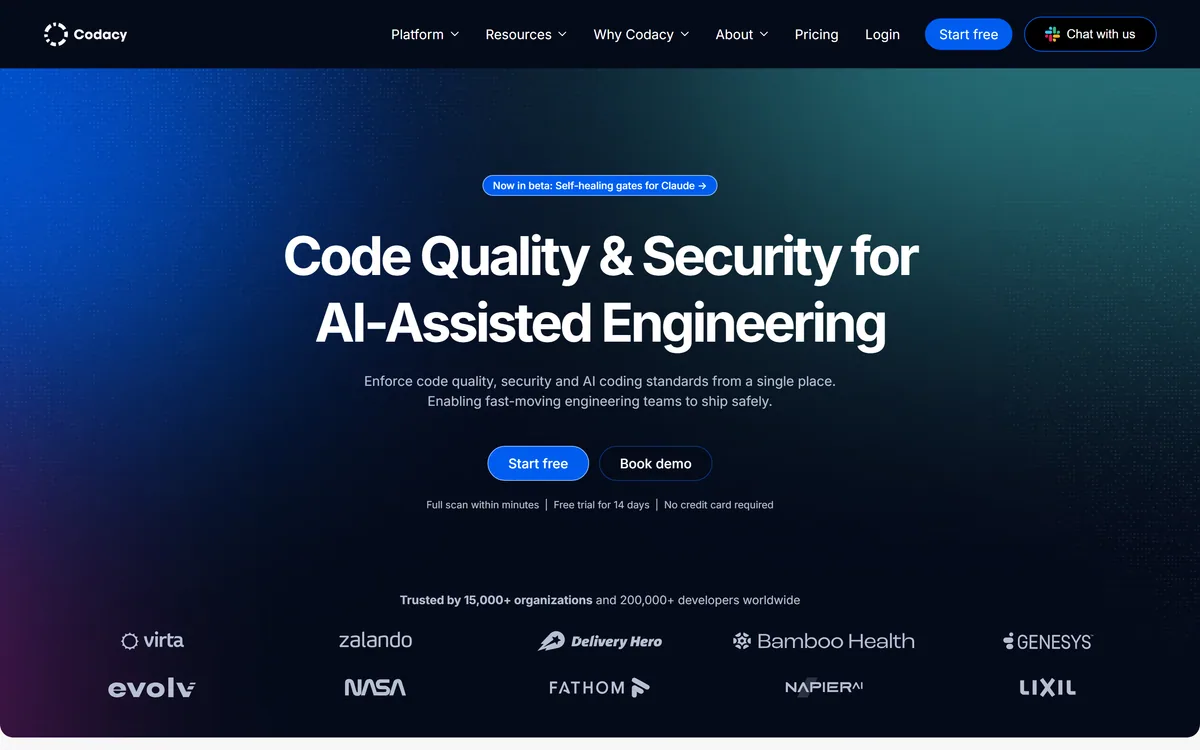 Codacy homepage showing code quality and security enforcement for AI-assisted engineering