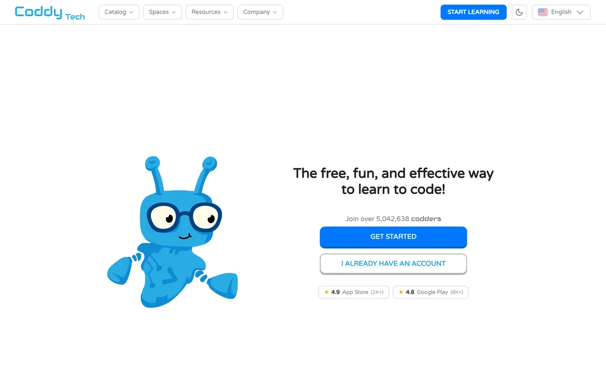 Coddy homepage showing the interactive coding lessons