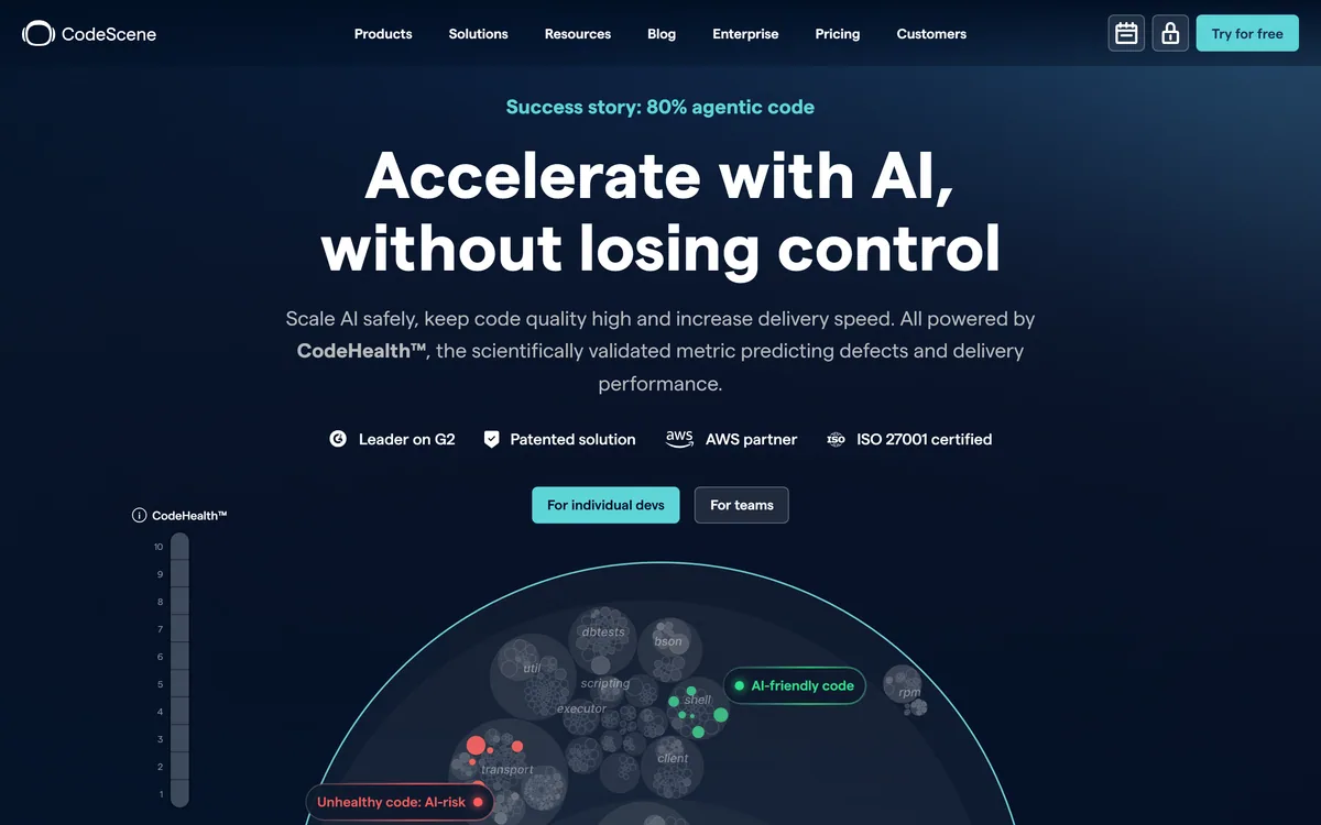 CodeScene homepage showing the Code Health scale