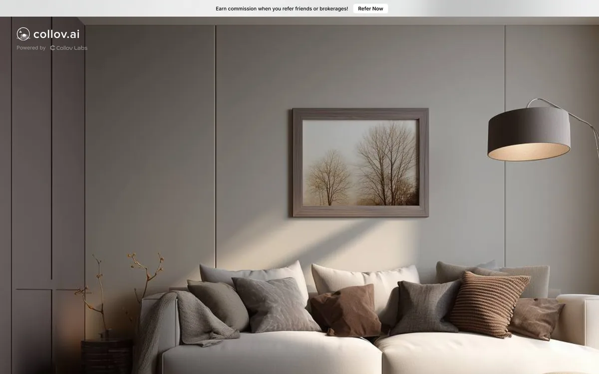 Collov AI homepage showing AI virtual staging and interior design for property photographs