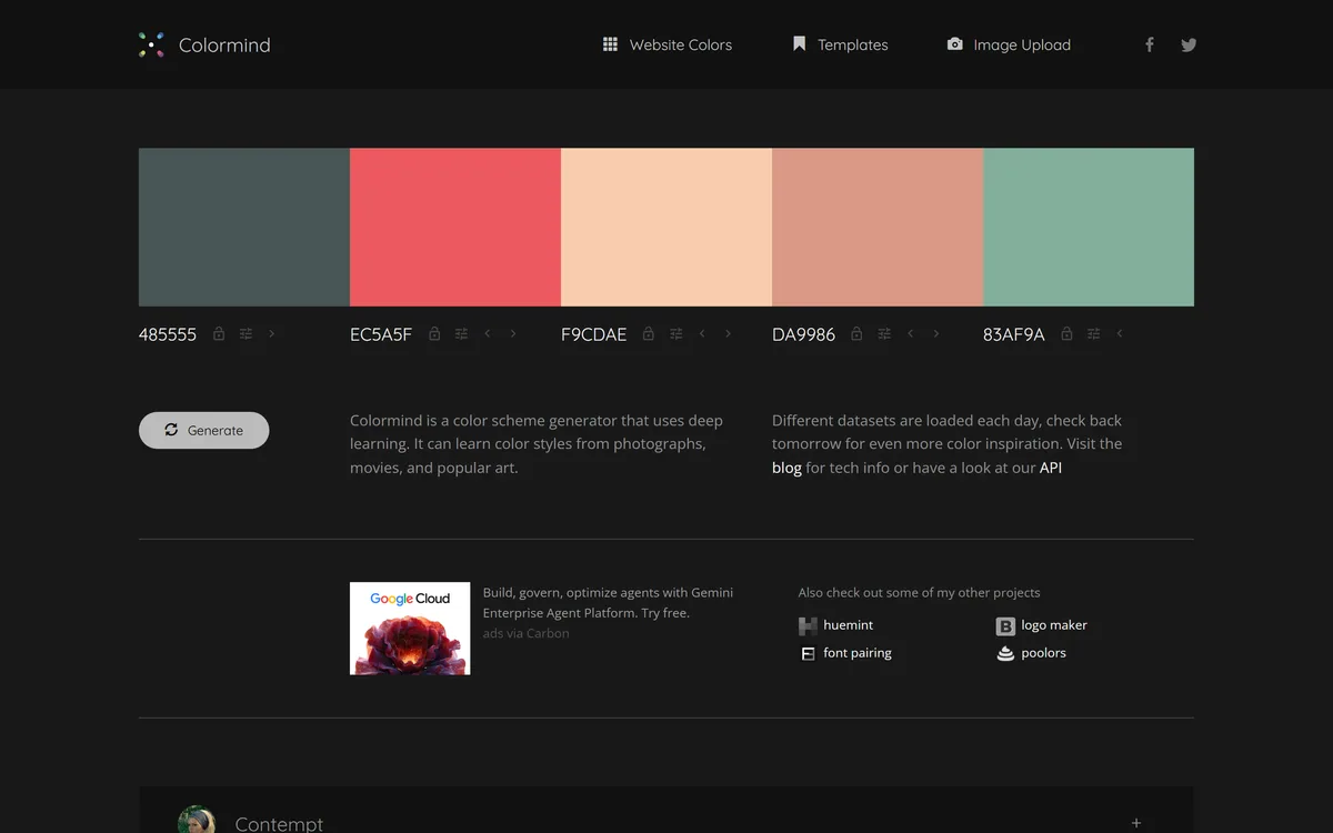 The Colormind homepage showing an AI-powered colour palette generator