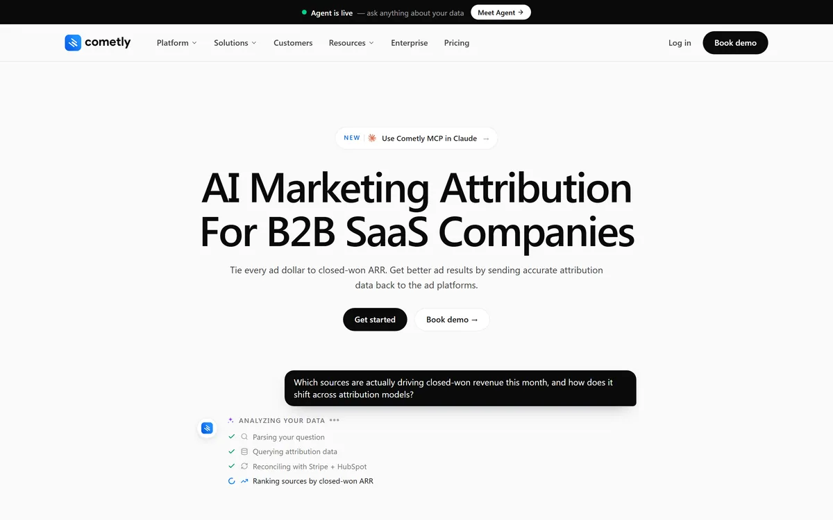 Cometly homepage showing the marketing attribution dashboard
