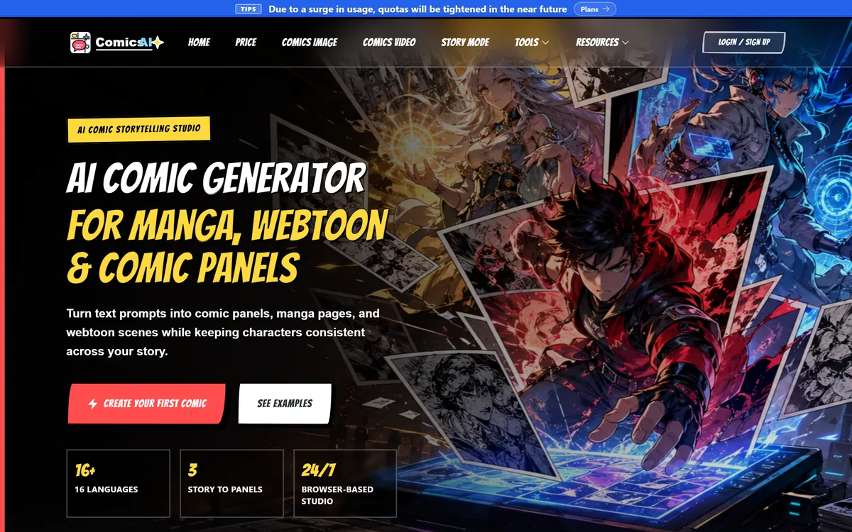 The ComicsAI homepage showing an AI comic and manga generator