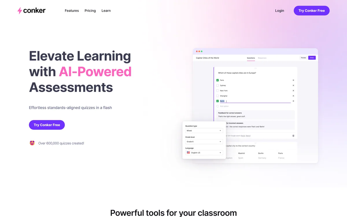 The Conker homepage describing AI-powered quizzes for the classroom
