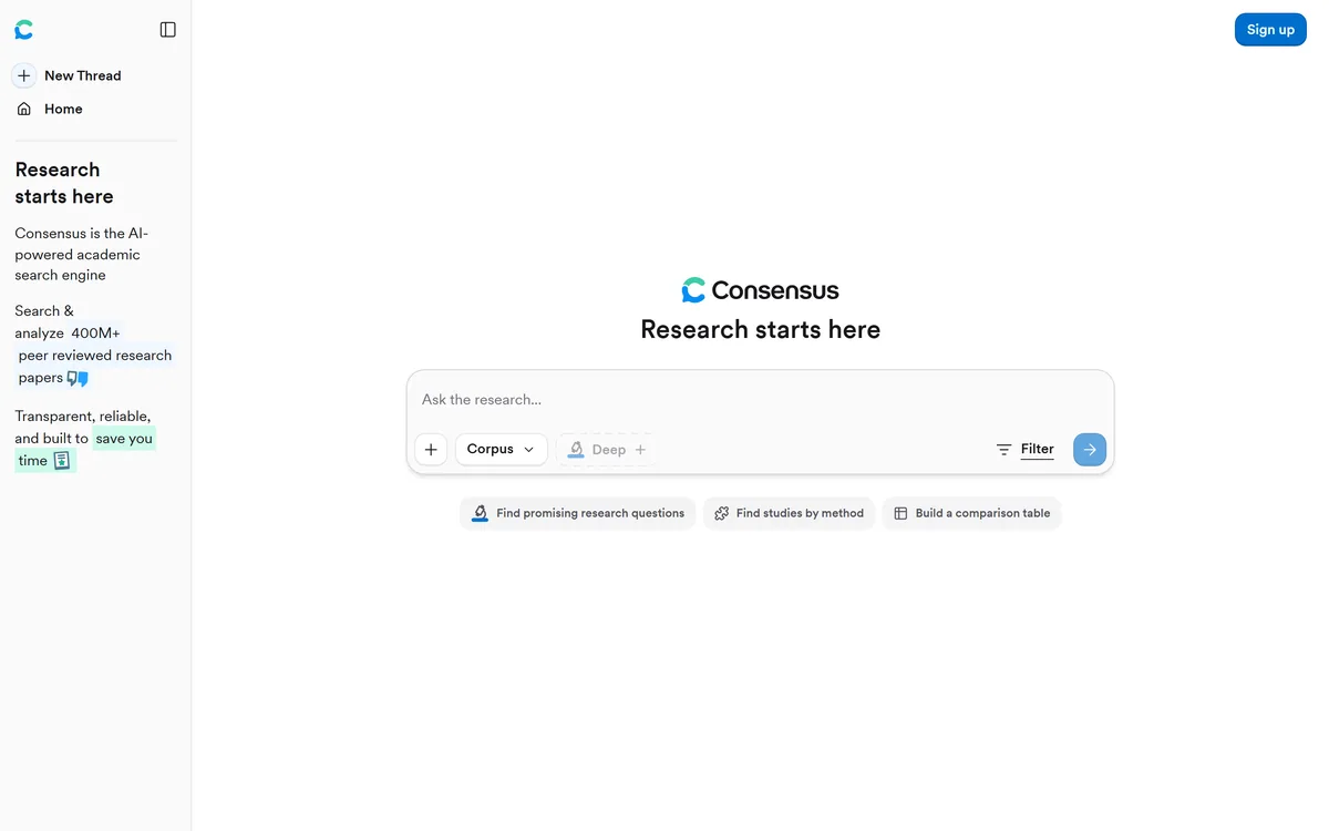 The Consensus homepage describing an AI-powered academic search engine